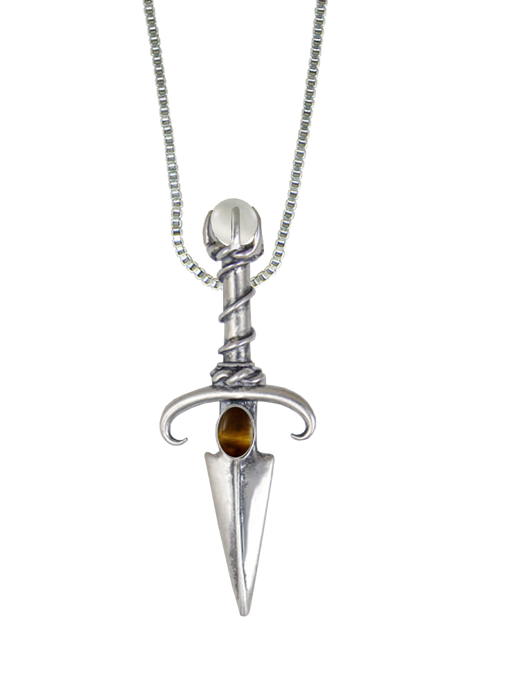 Sterling Silver Black Prince's Knife Dagger Pendant With Tiger Eye And a Clear Glass Bead